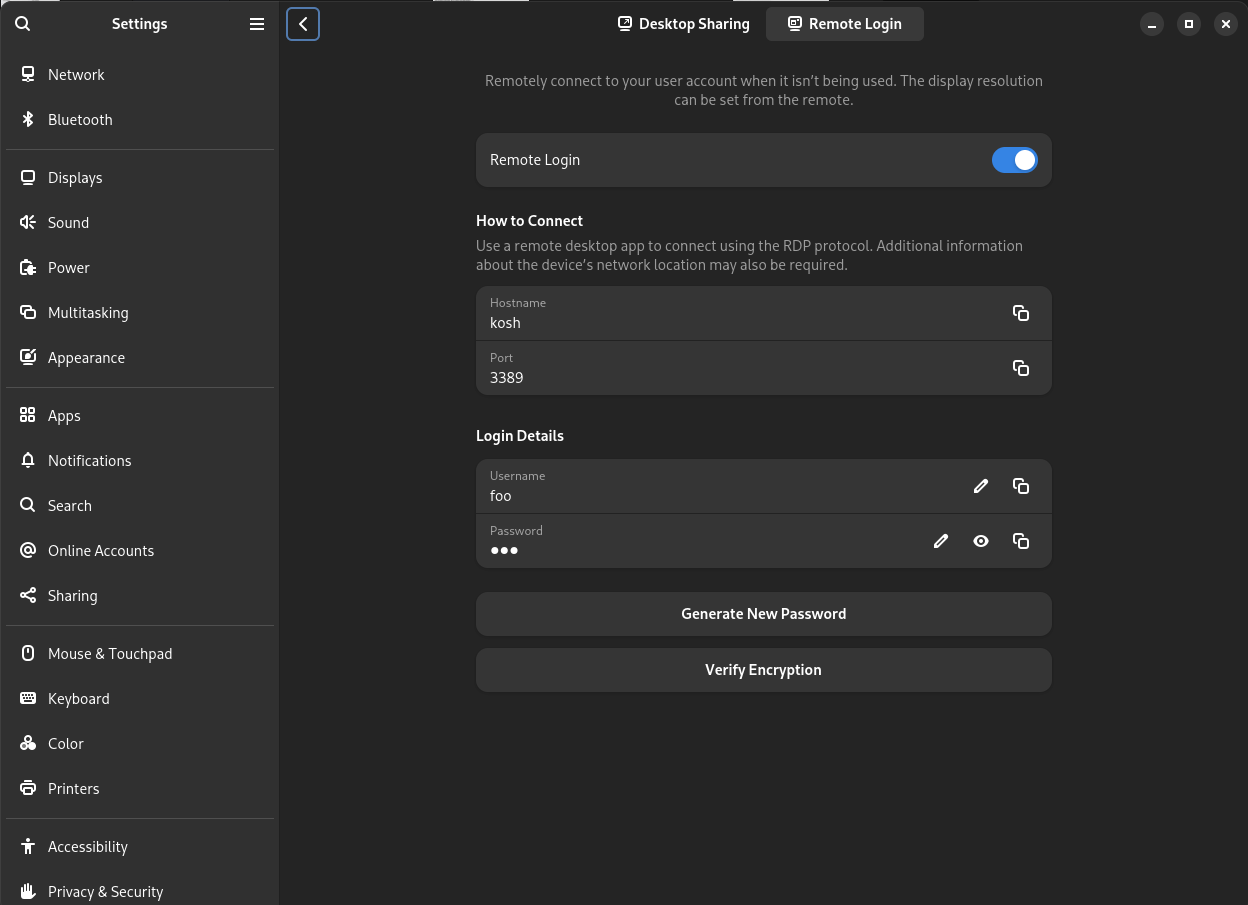 Gnome Settings for Gnome Remote Desktop